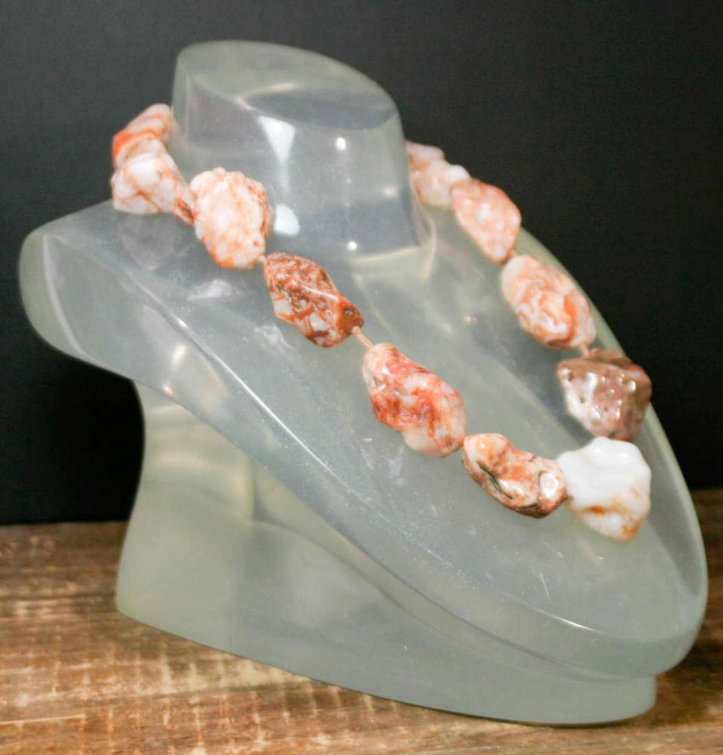 vintage estate jewelry: Jasper chunky necklace: unusual chunky (and heavy!) hand knotted natural stone nugget beaded necklace, likely Red Veined Jasperabout 20" in length, adjustable