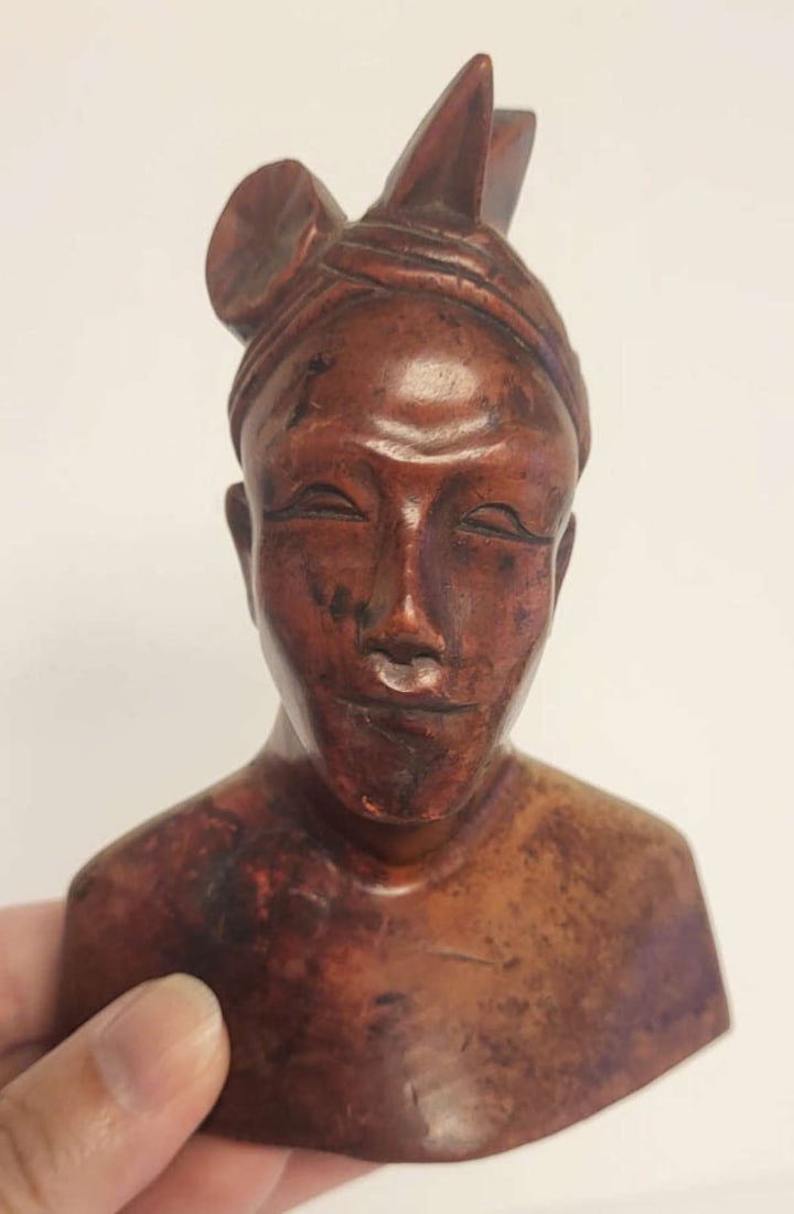 vintage carved Balinese sculpture: vintage carved wooden Indonesian man bust, unmarked