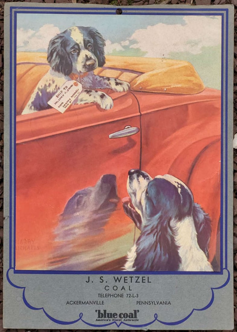 vintage die cut calendar: vintage or antique calendar, artist Harry Michaels by J.S. Wetzel Coal Blue Coal America's Finest Anthracite in Ackermanville Pennsylvania for the year 1939, nice chromo lithograph pi