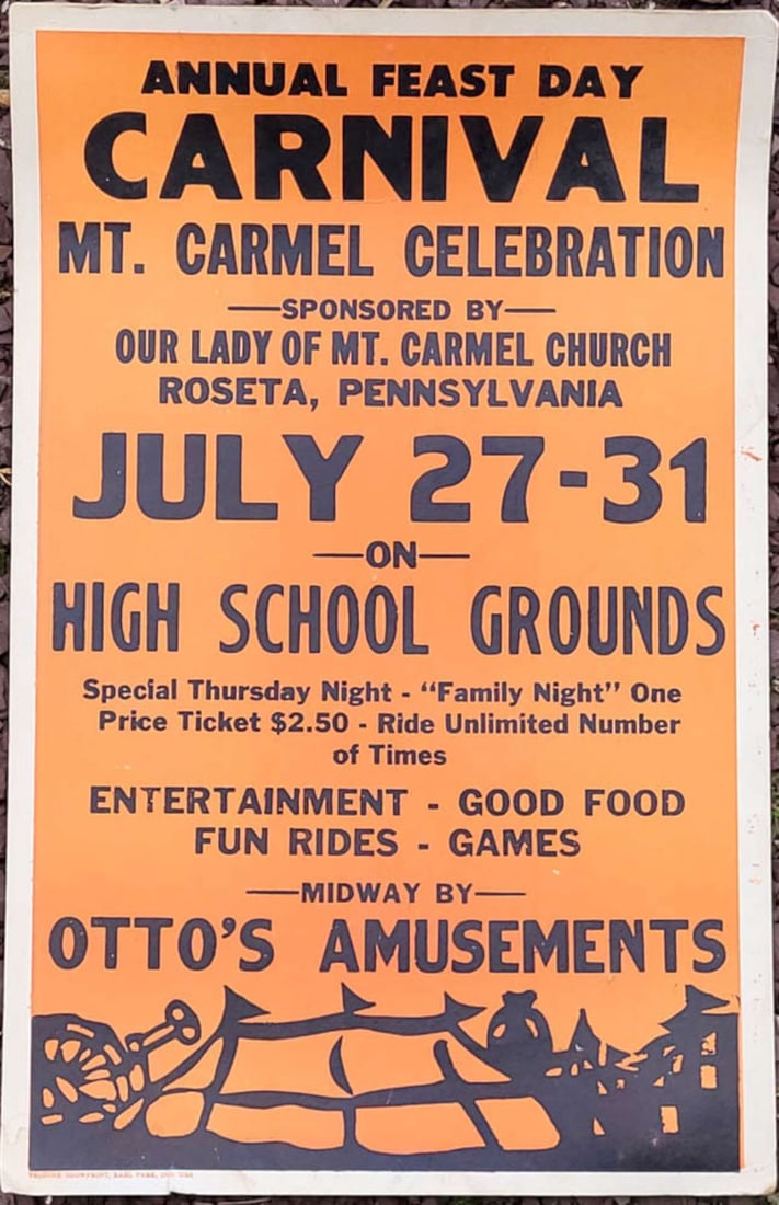 vintage carnival poster: orange and black chromo lithograph poster on heavy card stock for an Annual Feast Day Carnival Mt. Carmel Church in Roseta Pennsylvania