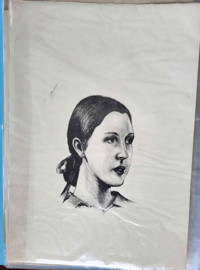 vintage original illustration drawing: vintage portrait drawing on paper of a young woman with her hair in a bun, unsigned
