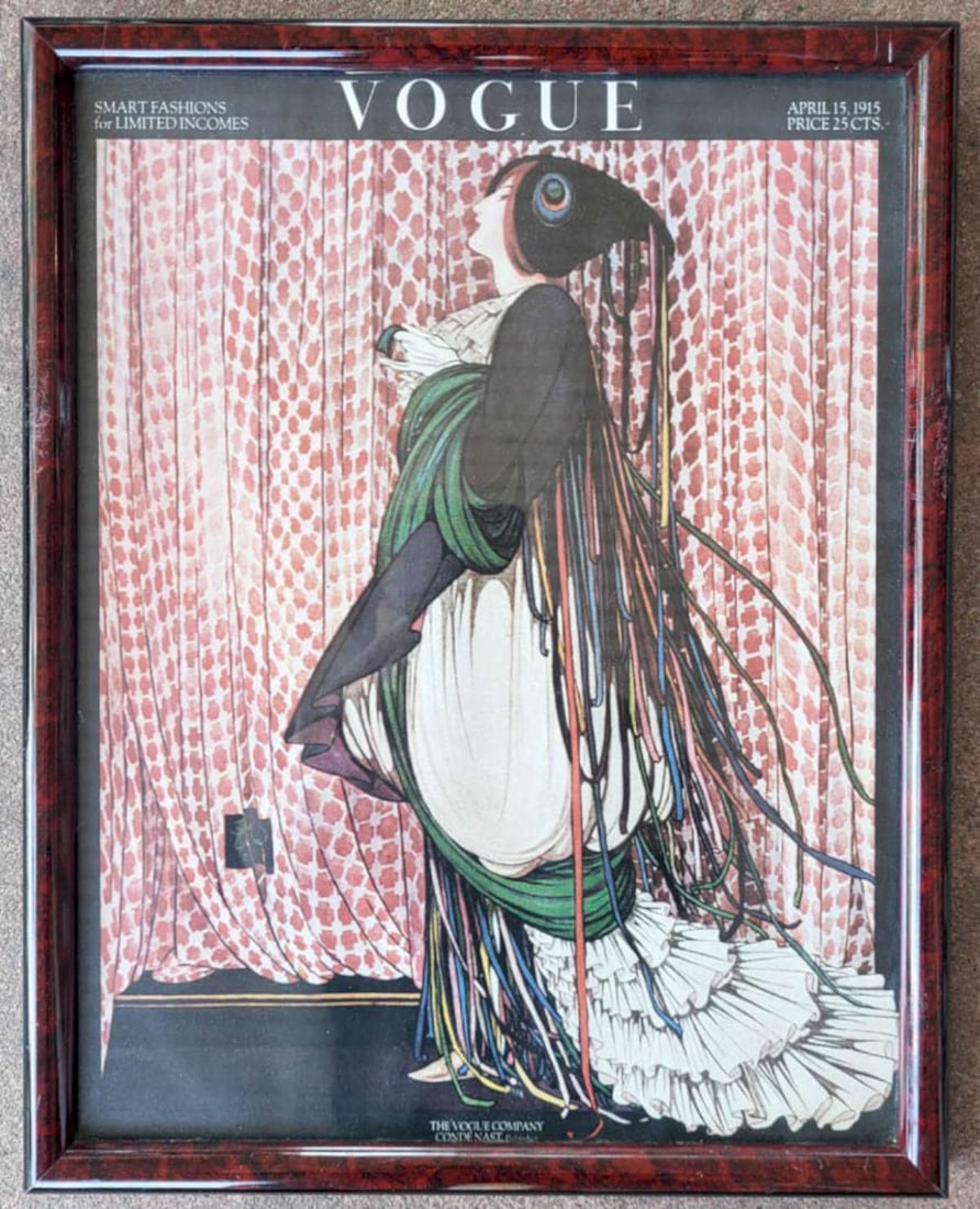 antique Vogue Art Deco magazine cover: antique framed 1915 Vogue magazine Smart Fashions for Limited Incomes cover depicting a Flapper girl in fantastic hat and dress