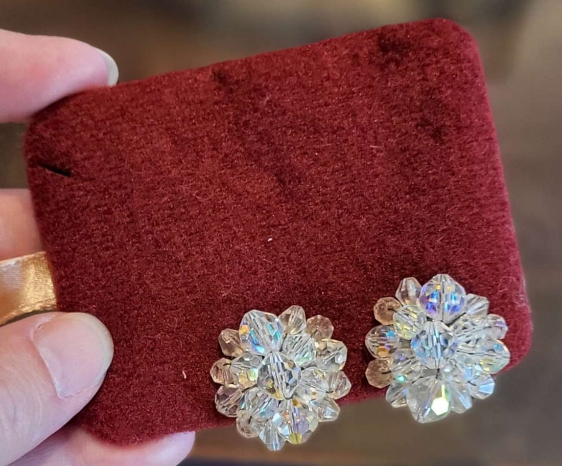 antique estate jewelry: rhinestone earrings: antique or vintage rhinestone clip earrings, with iridescent stones from the German Rhein River, great Victorian or Art Deco period diamante or paste jewelry