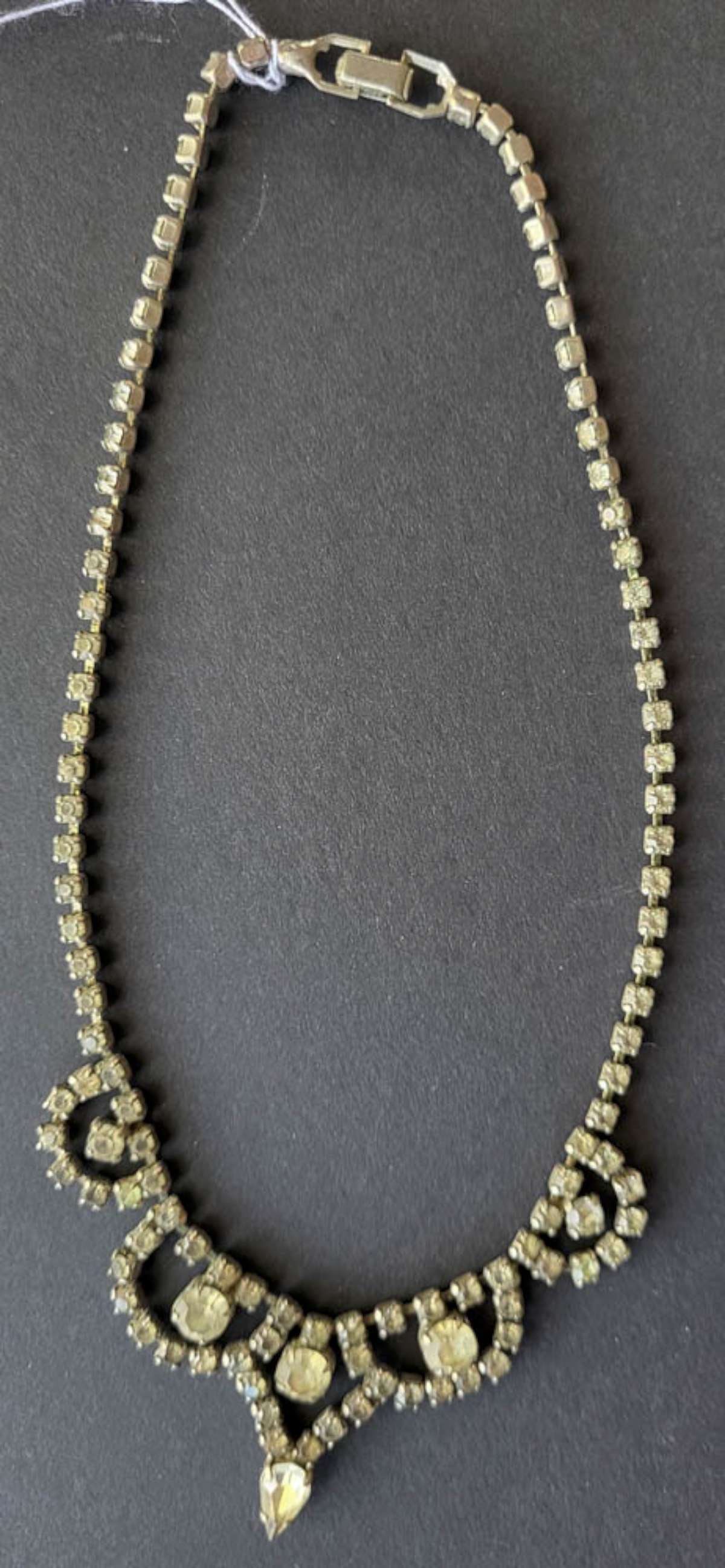 antique estate jewelry: rhinestone necklace: antique necklace with bib style clear cut rhinestone, or diamante design and pendant drop, great Victorian or Art Deco period paste jewelry with a snap closure