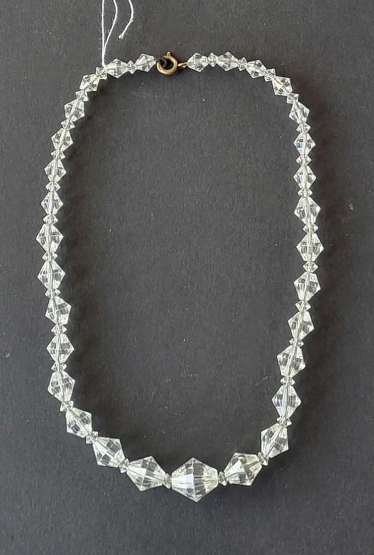 vintage estate jewelry: crystal necklace: vintage or antique German Rhein stone or crystal faceted cut clear graduating sized bead necklace with lobster claw copper closure