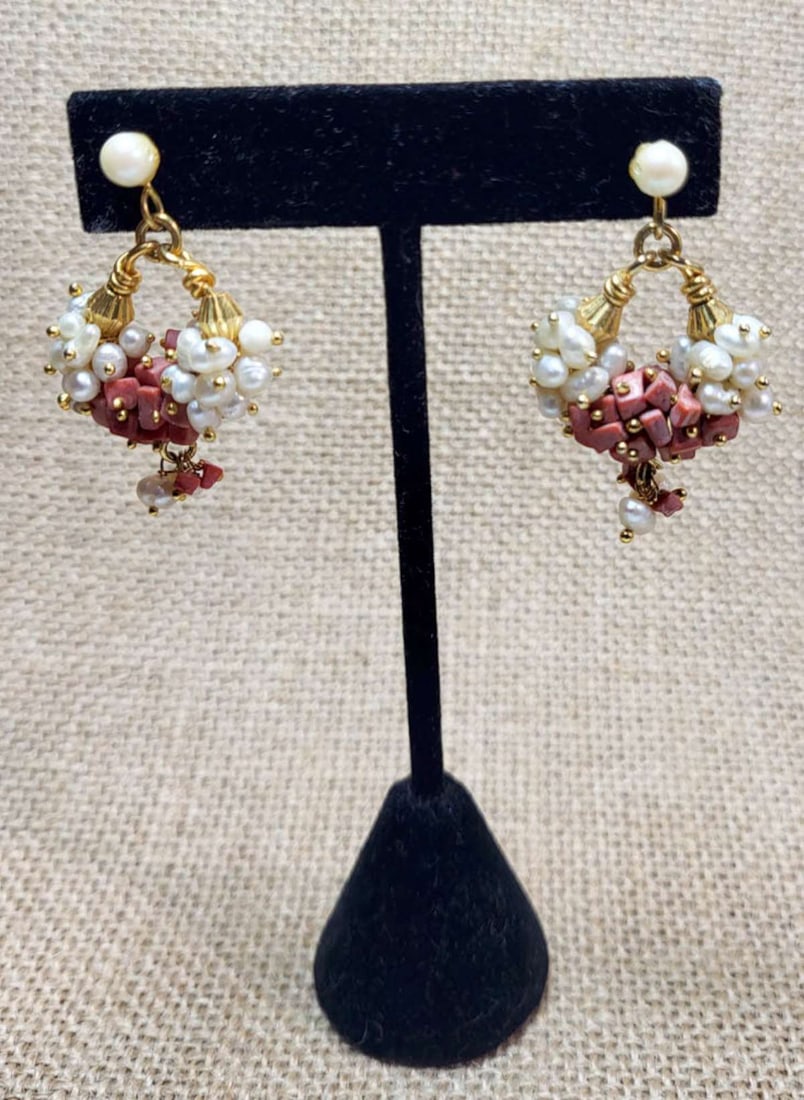 antique estate jewelry: coral and pearl earrings: dangly pair of vintage or likely even antique earrings for pierced ears with freshwater pearls and coral chips, unmarked but possibly goldM