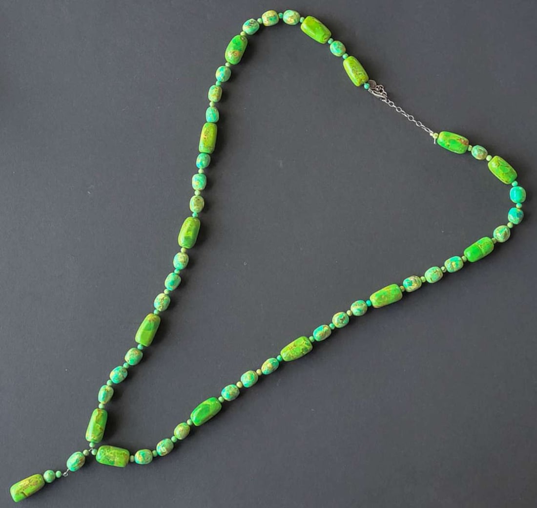 vintage estate jewelry: Sonoran Gold Turquoise necklace: vintage lariat style chunky stone necklace in blue and green tones, likely Sonoran Gold Turquoise by Barse and with a 925 Sterling silver closure