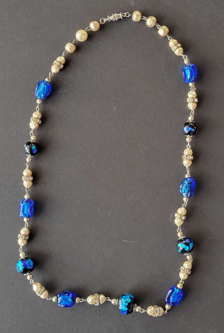 vintage estate jewelry: necklace with blue beads: faux pearls, clear cut rhinestones and Lampwork blue glass beaded necklace, unmarked silver toned closure