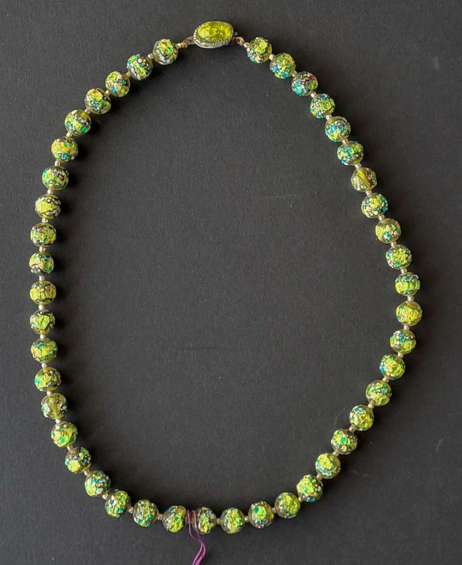 vintage estate jewelry: Japanese necklace: vintage Made in Japan marked Lampwork style carved beads in tones of green and with multicolored accents and with cabochon style closure