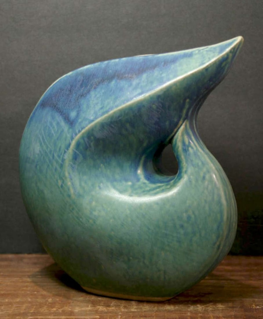 vintage MCM Asian swoop vase: retro Mid Century Modern style (or possibly actually from the Era) pottery vase with swoop design, beautiful blue and green drip glaze and illegible Asian character artist's mark on the bot