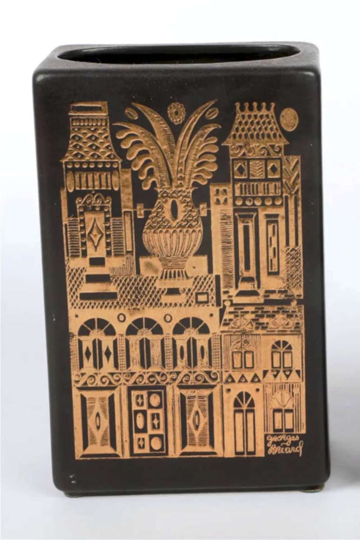 MCM Georges Briard vase with gilt design: Mid Century Modern signed Georges Briard ceramic or pottery rectangular black matte vase with oval opening and shiny gold toned abstract street view or houses design, marked Hyalyn USA underneat