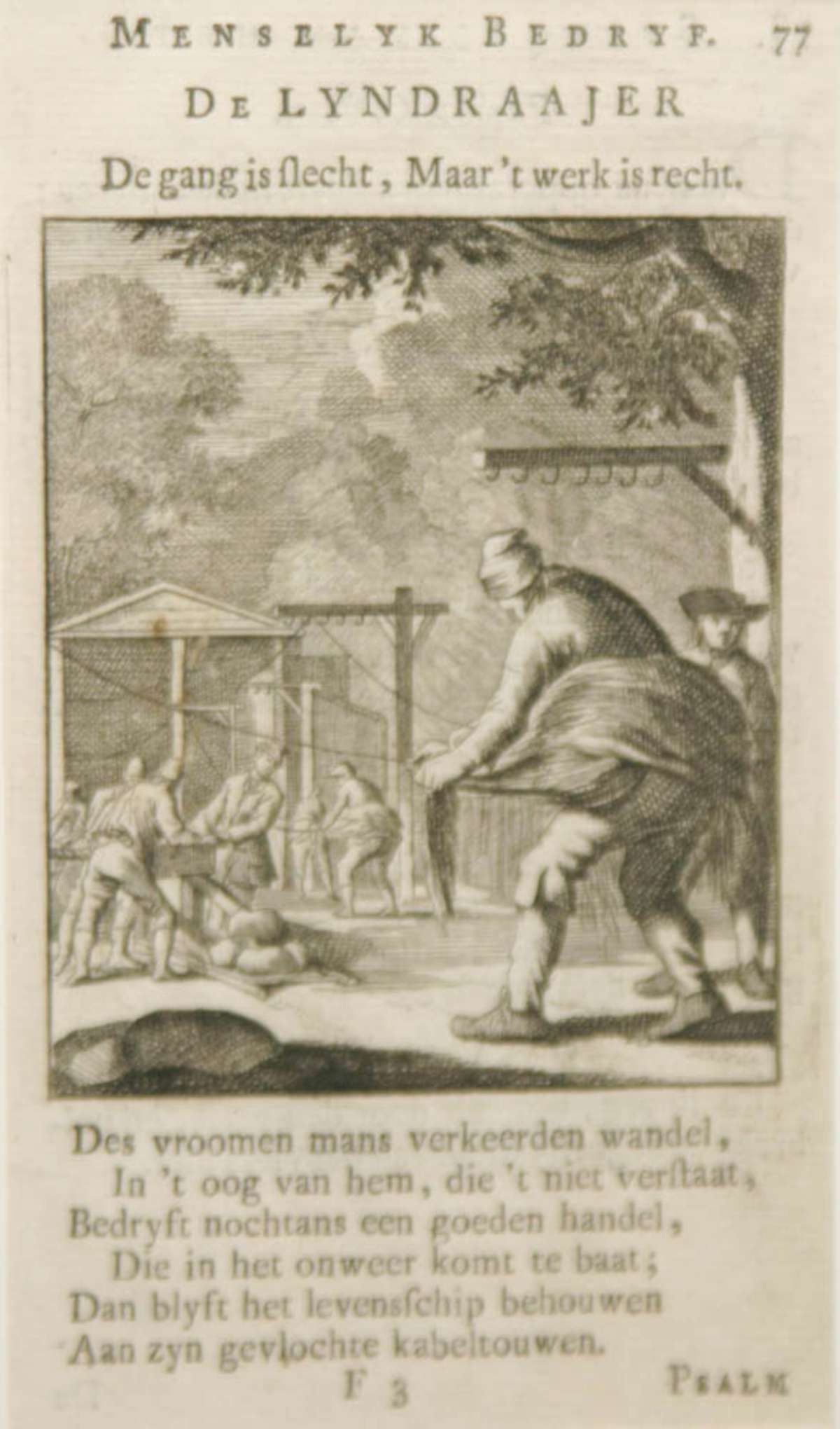 antique Dutch copper engraving ancient trade: Paper label on the back suggests this was by Dutch (from The Netherlands or Holland) Jan Luyken, from the book mentioned in the notes. This one depicting De Lyndraajer (the line twister): a man