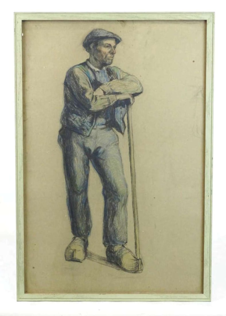 framed original drawing of a Dutch farmer: pastel or gouache on paper in a simple light green wooden frame depicting a Flemish (from Belgium) or Dutch (from Holland or The Netherlands) man in wooden shoes and farmer's clothing, unsi