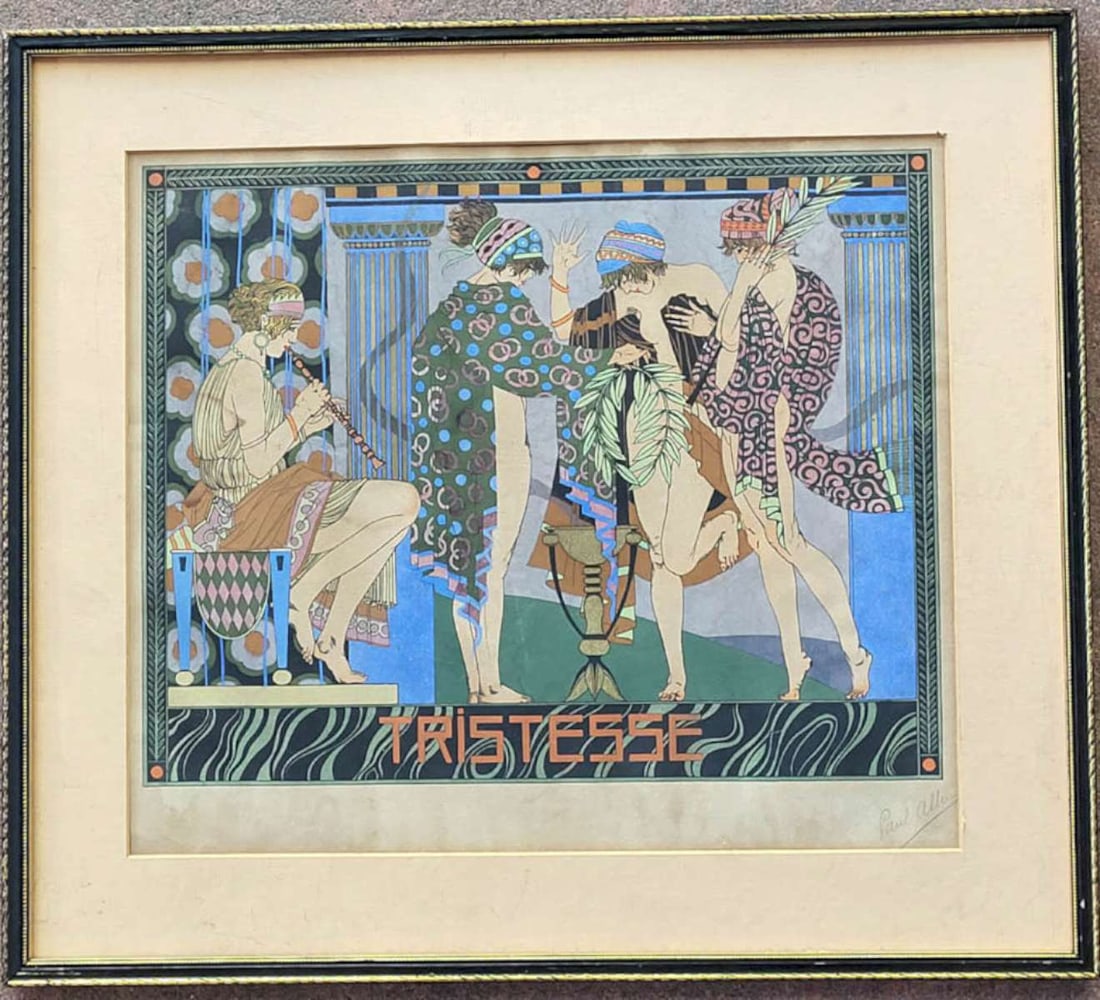 RARE antique Art Deco period nude print: framed and matted (missing glass) pochoir print by Paul Allier (1883 - 1967) titled Tristesse, pencil signed lower right as shown and depicting an Art Deco period Flapper girl scene with semi nu