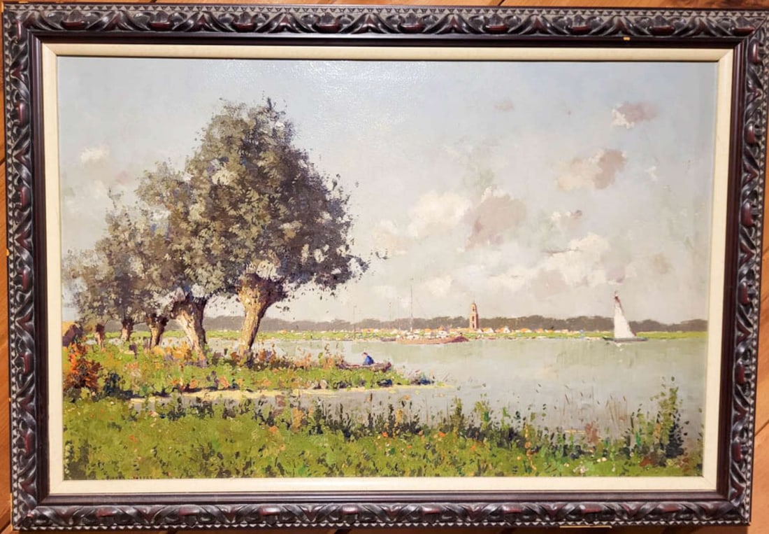 antique Impressionist landscape painting: carved wooden framed thick impasto oil painting depicting a Dutch (from Holland or The Netherlands) lake or small body of water with Knotwilgen (Willow trees cut in a specific way) and a sailboat and