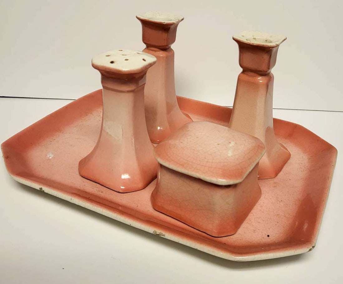 antique pink pottery dresser set (1 of 8)