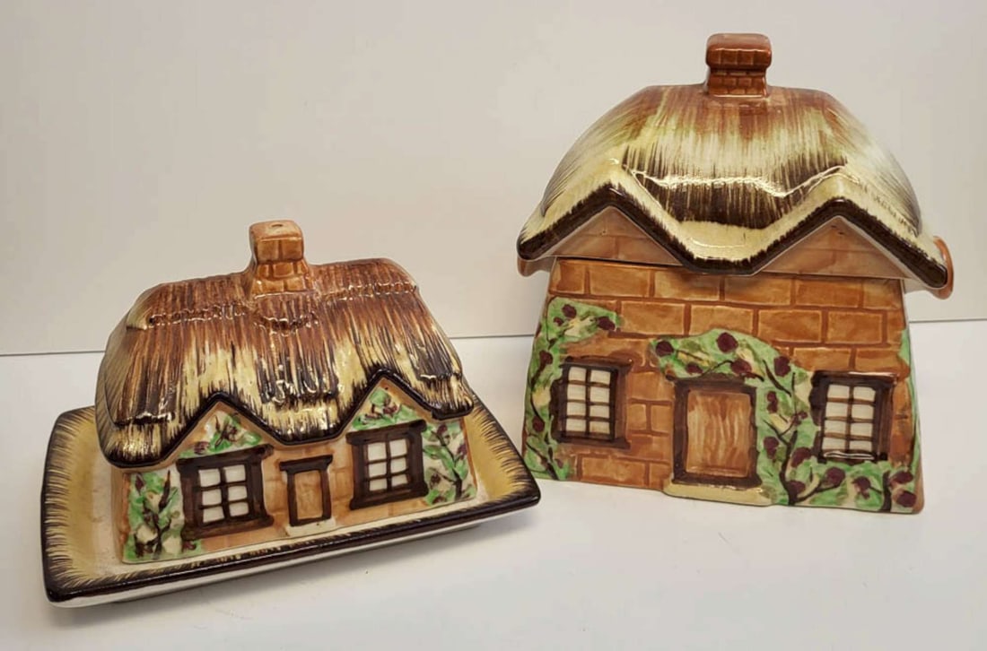 vintage Price Bros. Cottage Ware dishes: vintage ca. 1940's Ye Olde Cottage covered cheese cloche or lidded butter dish and cookie jar (missing rush handle), made in Occupied Japan