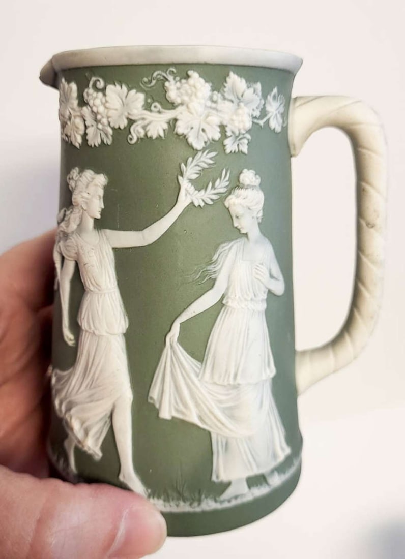 antique English Wedgwood porcelain pitcher: vintage or antique made in England Jasperware handled pitcher or creamer jug with sage green background and white applied classical figural scenes