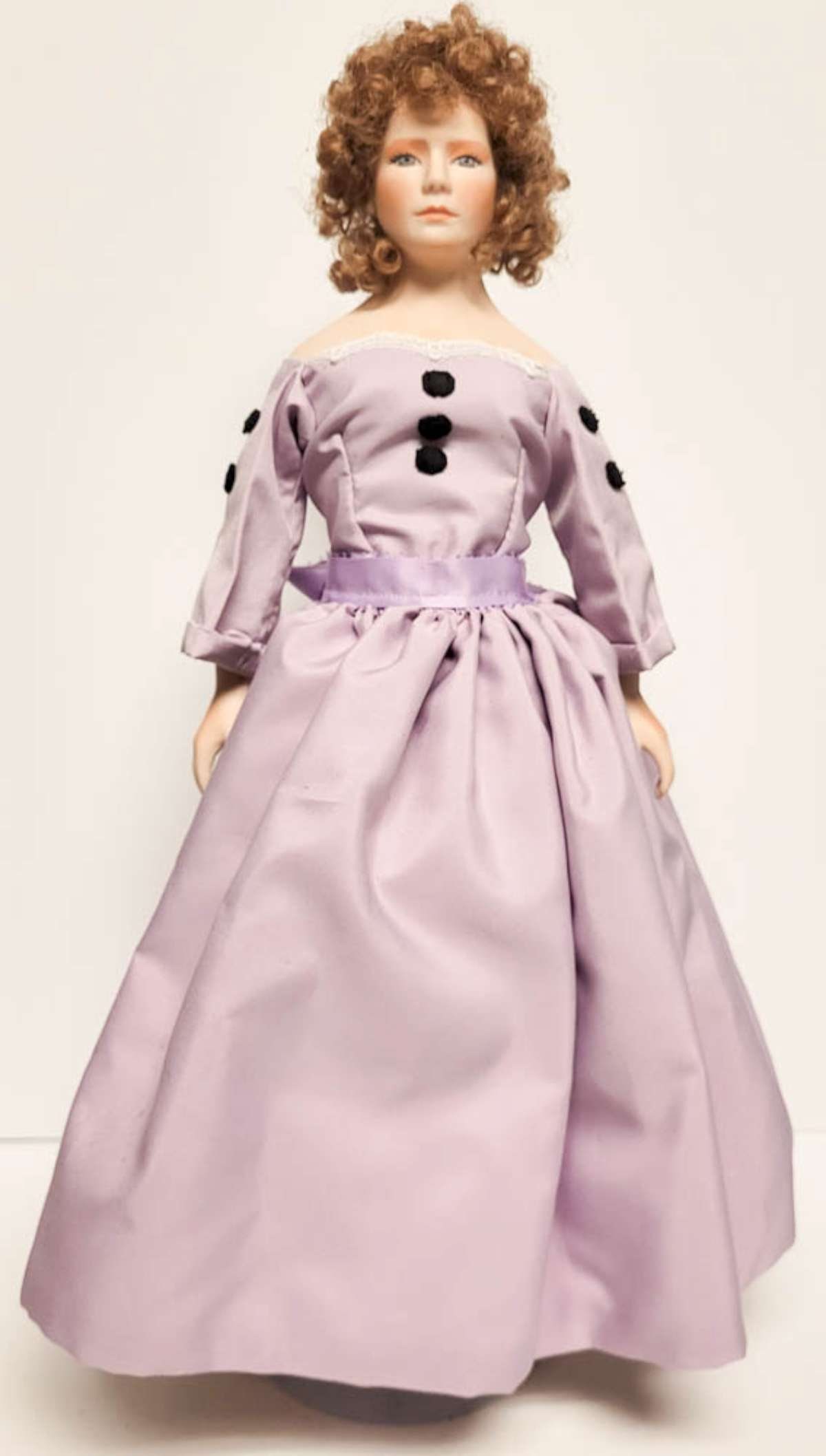 vintage porcelain artist doll: marked as shown Letitia Penn and dated 1988, bisque head doll with curls and gorgeous lavender purple dress