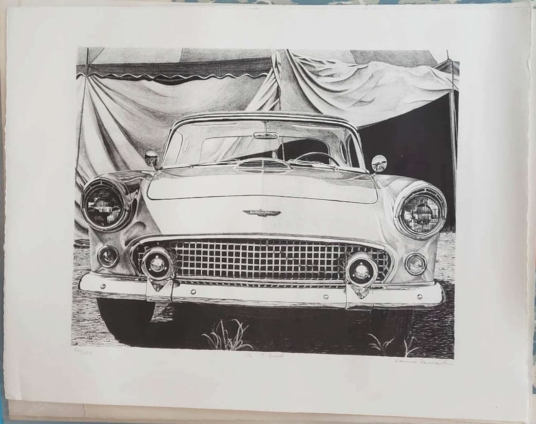 vintage automobile limited edition artwork print: large format unframed black and white print depicting a vintage car, pencil signed James Farrah (born 1950), titled '56 T-Bird and numbered 70 of 200