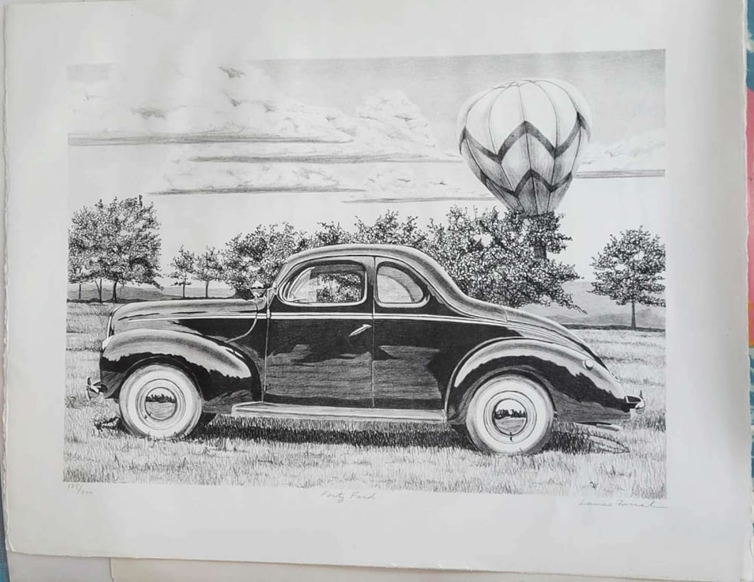 vintage automobile limited edition artwork print: large format unframed black and white print depicting a vintage car with whitewall tires parked in a field next to a hot air balloon and trees, pencil signed James Farrah (born 1950),