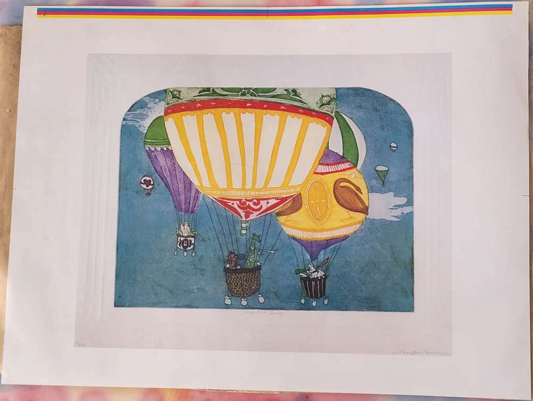 large vintage limited edition Modern print: numbered 14 of 300, titled Up And Away and pencil signed by the artist lower right Jennifer Bennington (?) as shown, depicting an adorable scene of vibrantly colored hot air balloons with