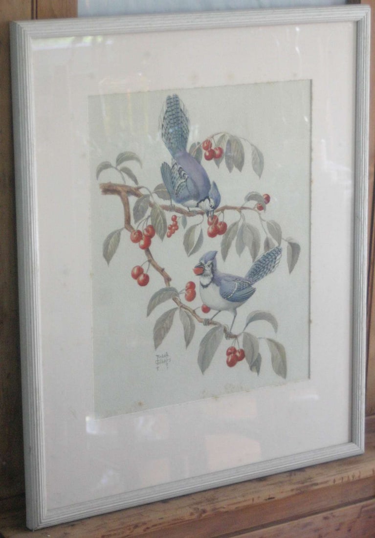 original painting by illustration artist Frank Childers: vintage original watercolor painting, matted and framed and signed by the illustration artist Frank Childers (he illustrated how-to-draw books in the 1940's), depicting two male Blue