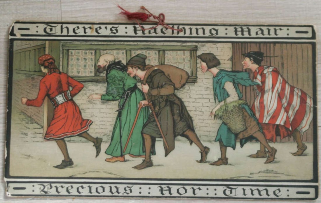 antique Taber Prang print ca. 1907: antique Taber Prang print on heavy card stock with text "There's Nothing Mair Precious Nor Time" depicting a few gentlemen hurrying down a street