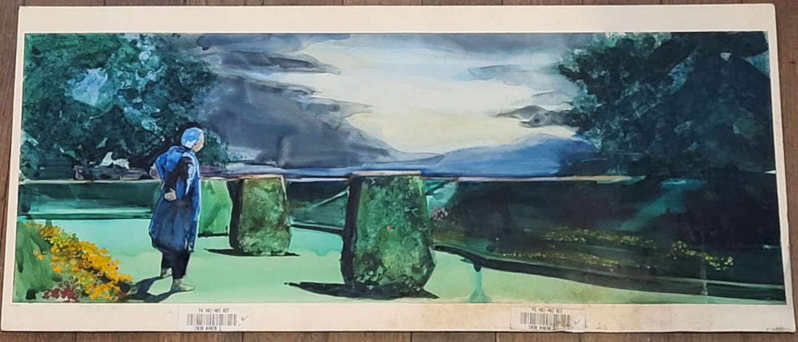 large original vintage watercolor painting: unframed long original artwork watercolor painting on heavy card stock paper depicting a person standing on a terrace looking out over trees and a mountain landscape, unusual subject in vibrant