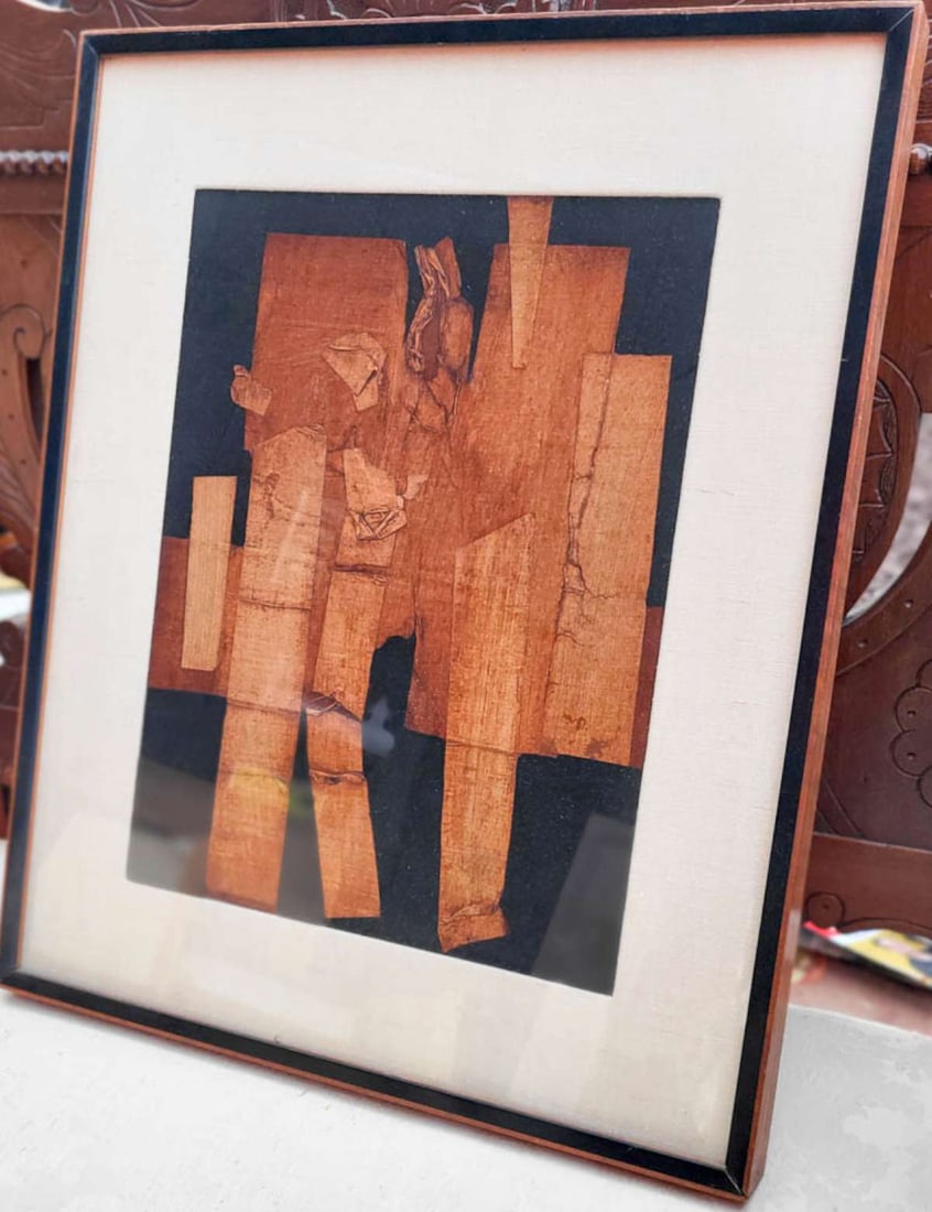 unusual mixed media original framed artwork: unusual vintage or possibly MCM or Mid Century Modern abstract depiction of people (that's what I see in this!) in a layered paper or mixed media framed and matted (in linen) artwork