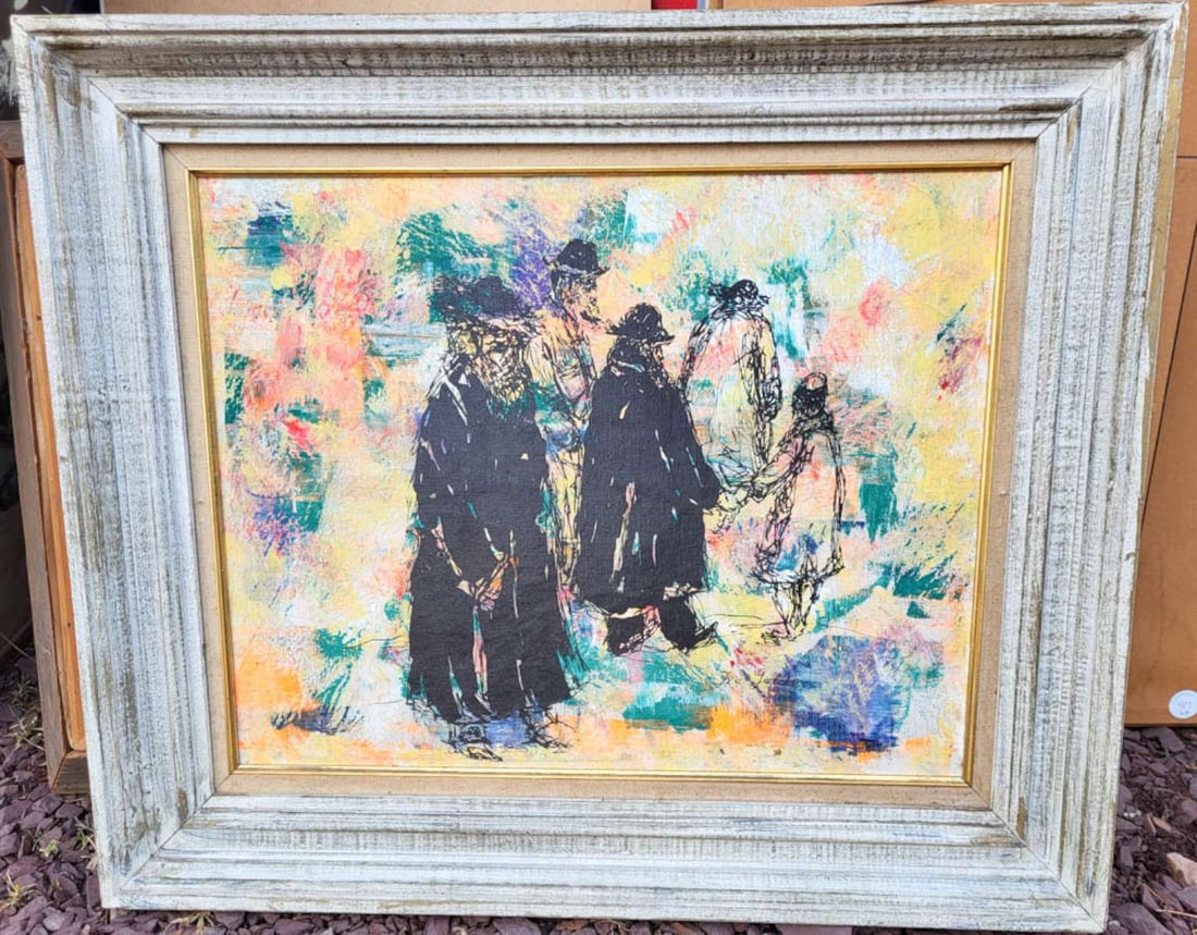 vintage Ira Golden silkscreen framed print: vibrantly colored Judaica print by Ira Golden, in a whitewashed wooden frame, linen matte and depicting several Orthodox Jewish or Hassidic men