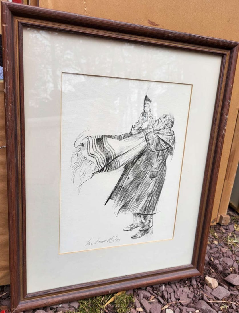 vintage framed religious original drawing: original drawing in frame depicting an Orthodox Jewish or Hassidic man blowing a shofar (ritual horn) and wearing a tallit (prayer shawl), illegibly signed lower right as shown and dated for