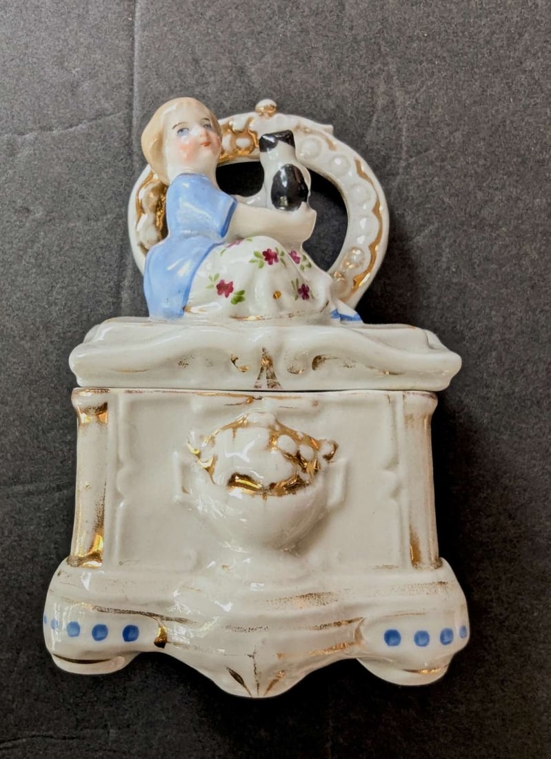 antique porcelain fairing box with cat scene (1 of 9)