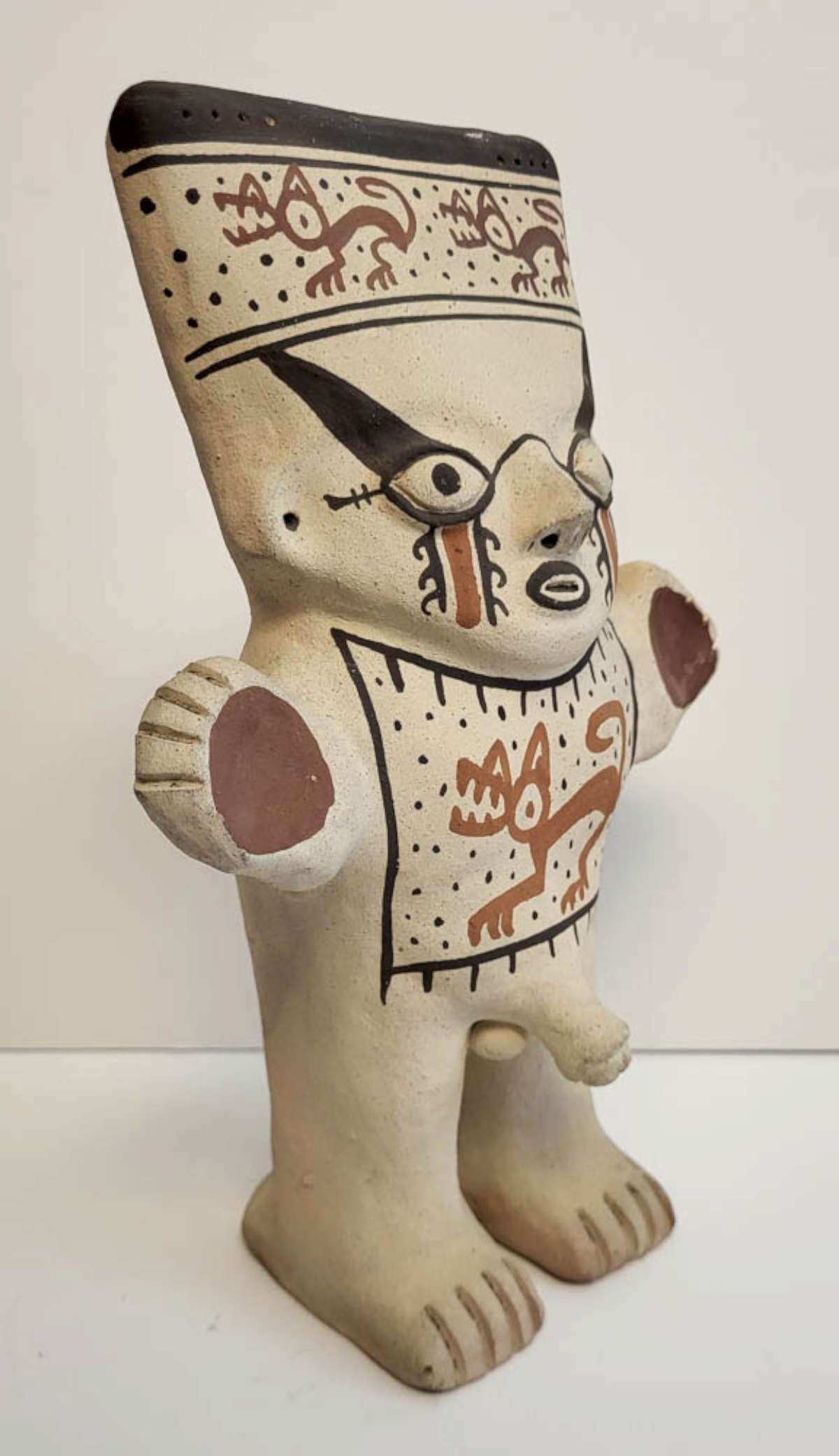 vintage repro male Cuchimilco statue: vintage clay Peruvian sculpture, hand painted