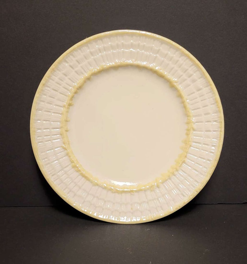 antique Belleek yellow luster plate: antique thin porcelain Limpet (or Tridacna) pattern plate, marked as shown underneath