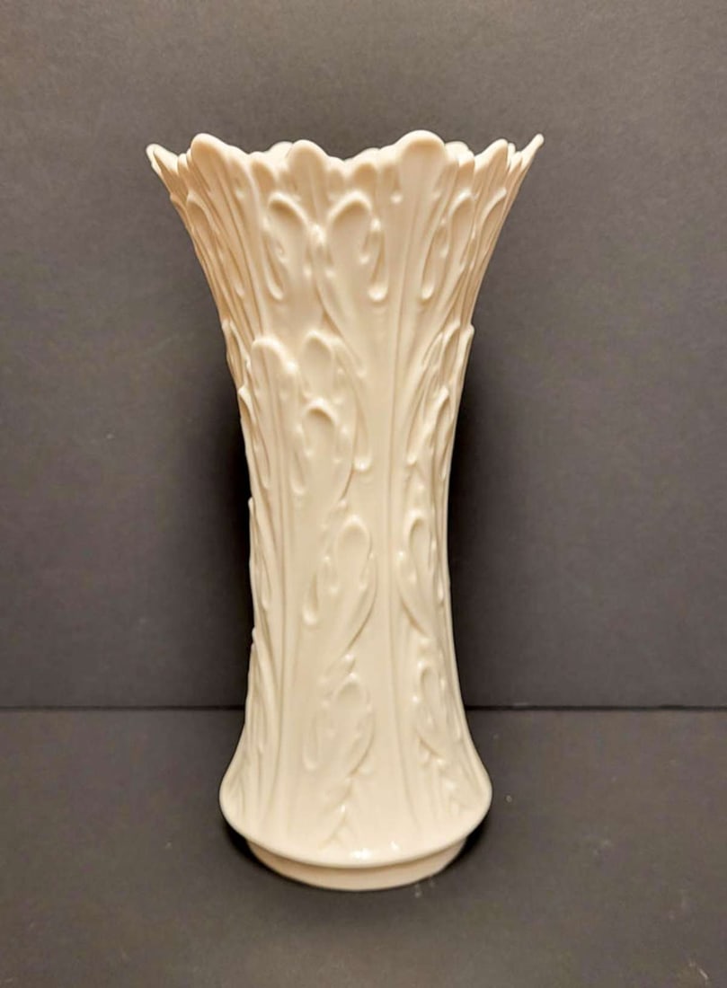 vintage Lenox Woodland cream porcelain vase: Acanthus leaf design off-white or cream colored porcelain flared rim vase, marked Lenox Made in USA underneath as shown