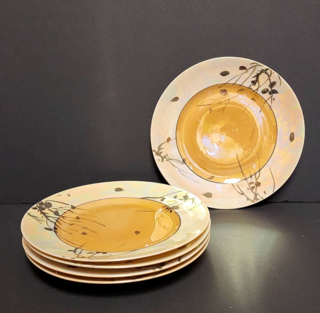 vintage Czech porcelain luster plates: vintage or antique set or lot of 5 orange luster porcelain small plates with abstract floral or flower design and marked as shown Phoenix China Cecho Slovakia