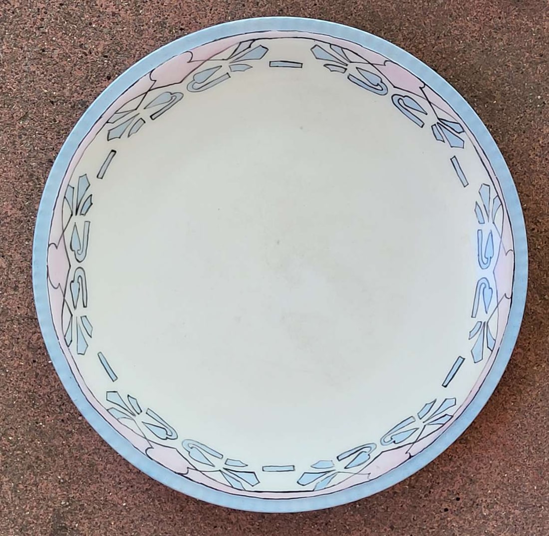 antique Limoges plate: small antique porcelain plate with light pink and blue rim or edge design, marked as shown Limoges France and HT
