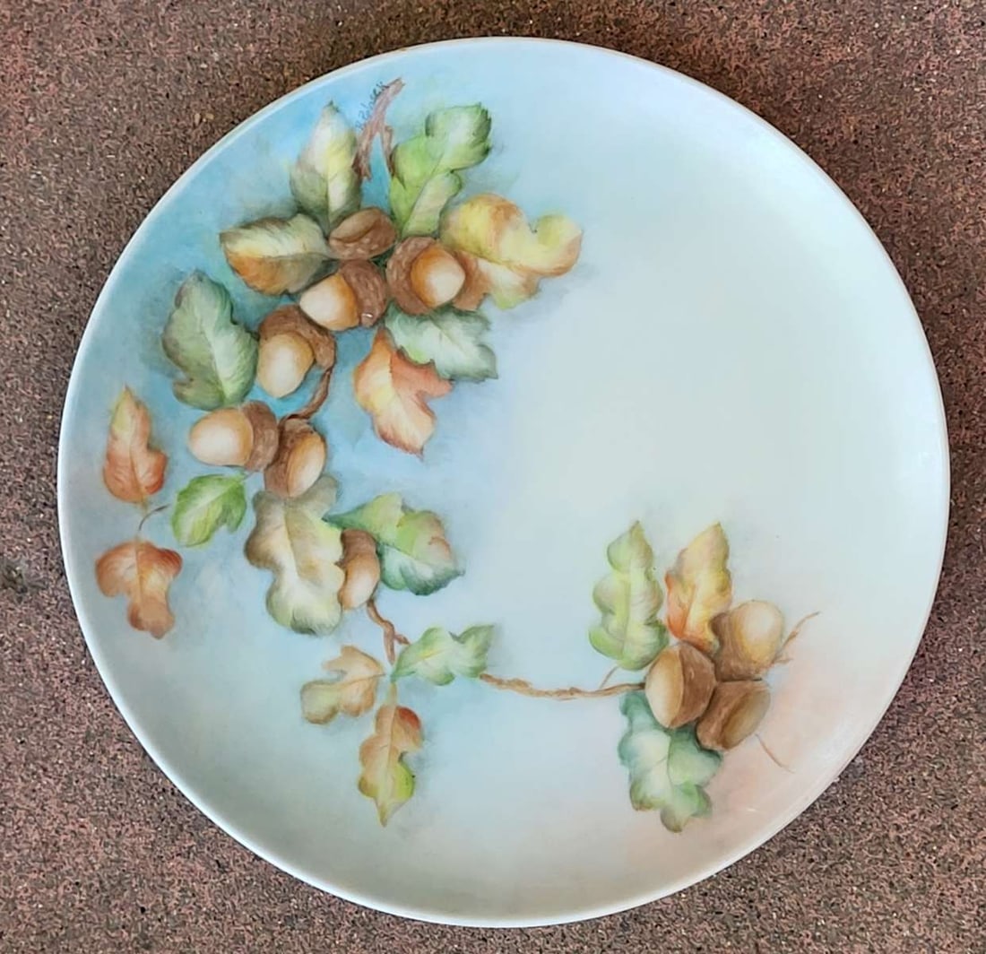 antique Austrian porcelain plate: unmarked but likely MZ or Moritz Zdekauer antique porcelain plate with leaves and Acorn design