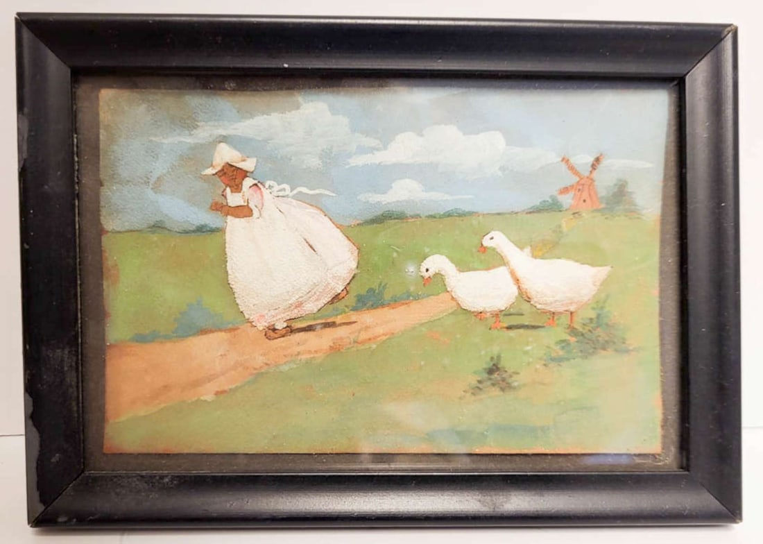 miniature framed painting with ducks: adorable small painting on paper in black frame depicting a Black girl on wooden shoes running from 2 white birds (geese or ducks) and with a windmill in the background, unsigned and with the du