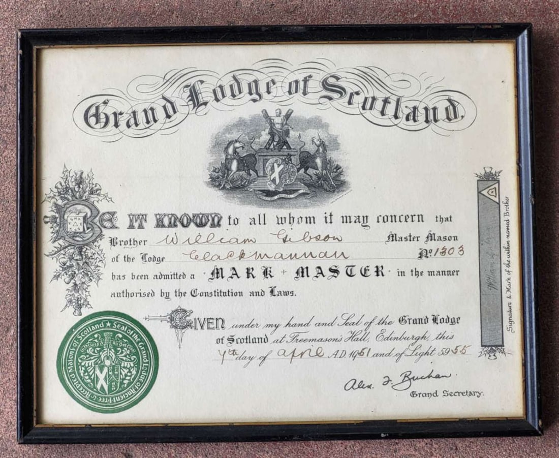 vintage Masonic framed certificate Scotland: The Mark Master Mason degree is part of the Fellow Craft degree in the Scottish system of Freemasonry and this framed certificate was given in 1955 to William Gibson