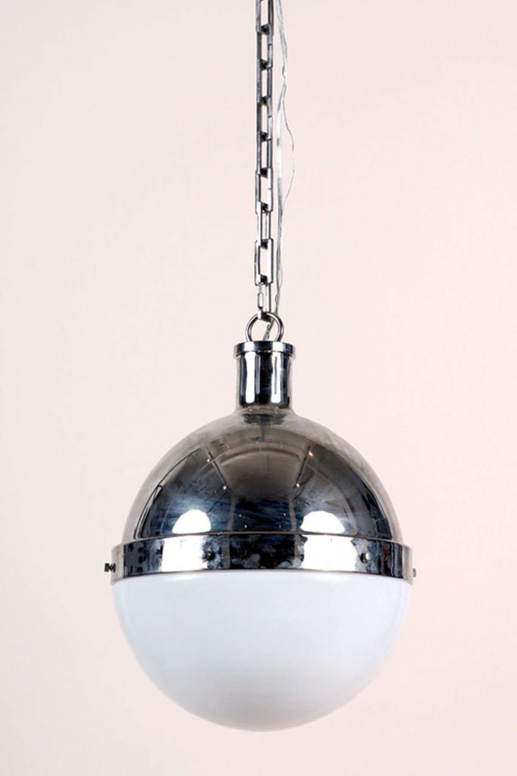 MCM chrome ceiling pendant light: heavy large Mid Century Modern chrome and white milk glass suspended chandelier or ceiling lamp with chain and ceiling capaprox diameter 13" and drop about 61"see the previous lot for the la