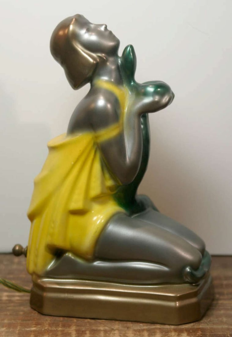 antique Art Deco period perfume lamp: unusual Egyptian style Art Deco Flapper girl shaped perfume lamp, made to look like painted glass but actually made of porcelain, originally likely an incense burner (note the holes on her