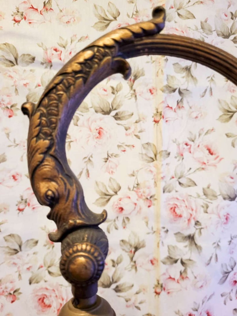 antique Art Nouveau gilt wooden bridge floor lamp: antique Art Nouveau or Art Deco period bronze and gilt wooden floor lamp with bridge arm with dolphin or fish design to hold the adjustable socket, abstract floral or flower top of the base part