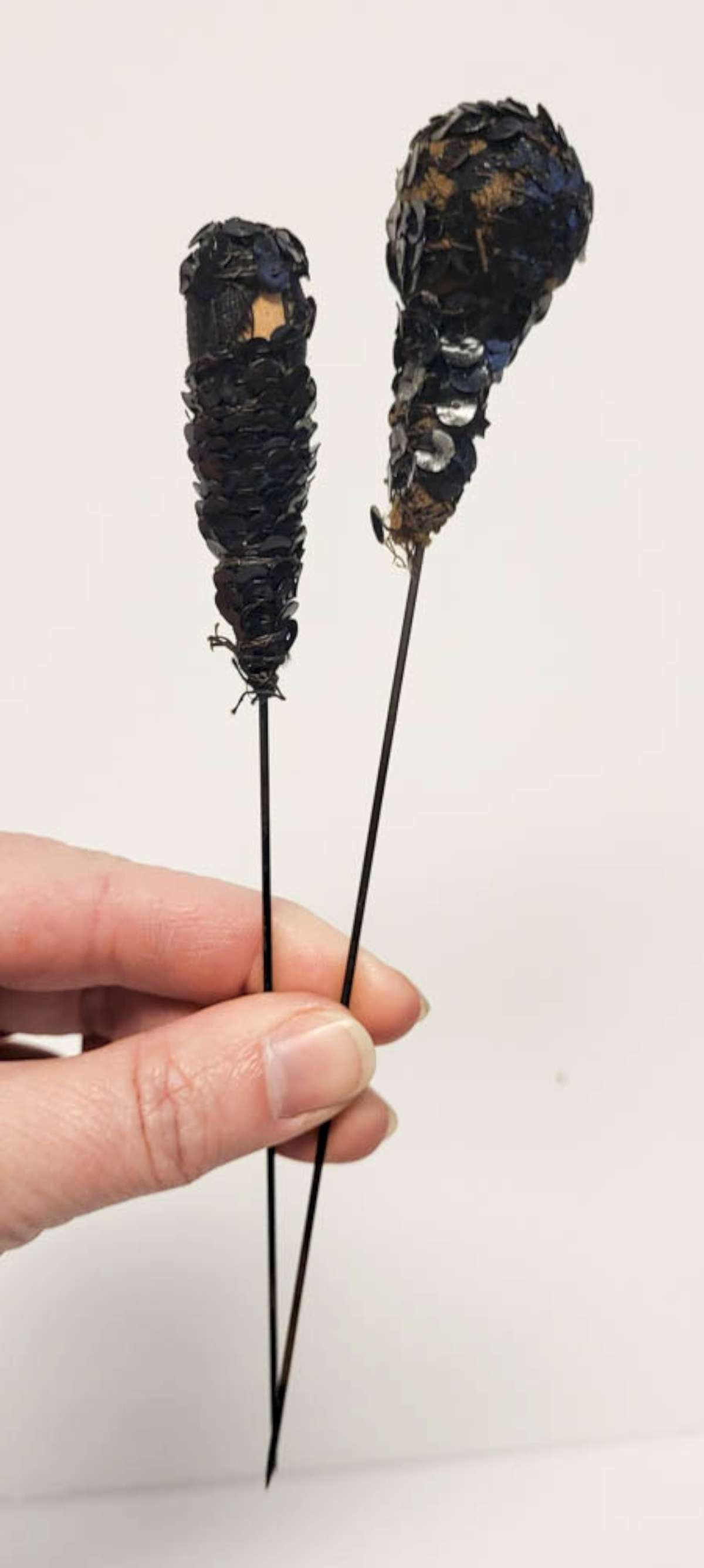 PAIR vintage hat pins sequins: pair of vintage or antique metal hat pins with partial black sequin tops