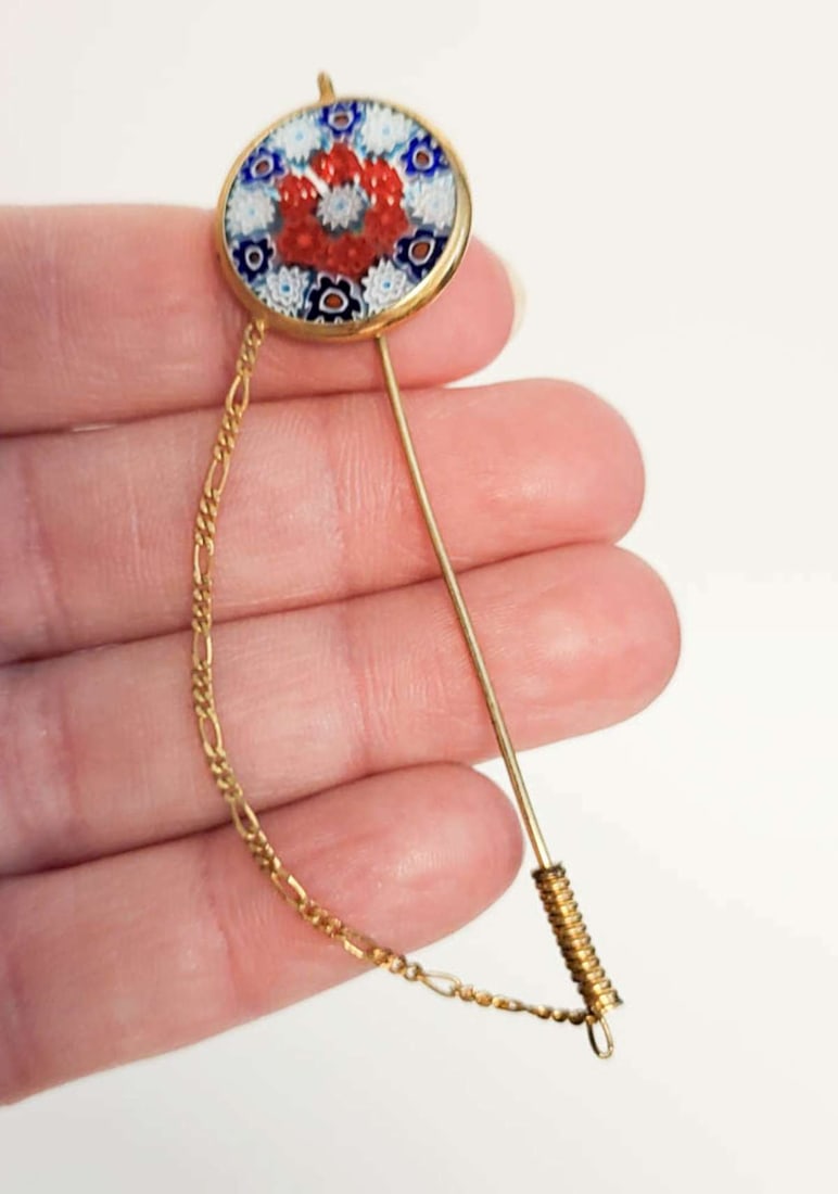 vintage Italian glass pin: vintage lapel pin with gold toned bar and chain and top with millefiori Venetian glass design in white, blue and red