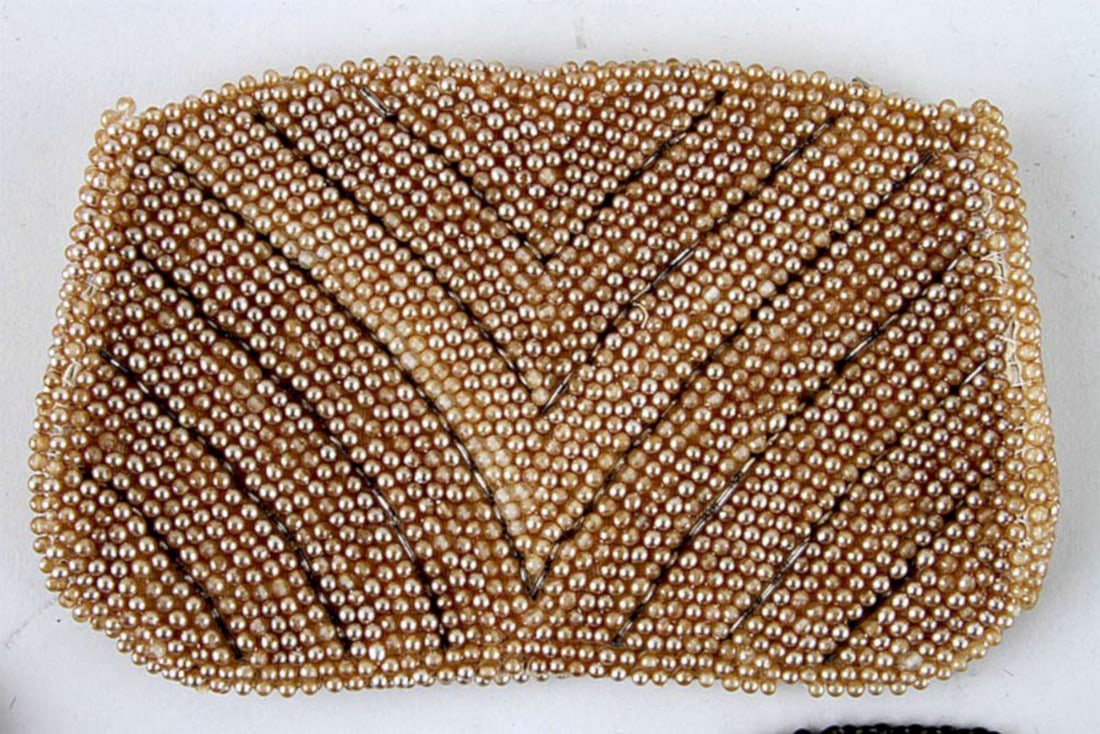 vintage ladies clutch purse: vintage ladies' bag with zipper closure and faux pearl and silver toned beads geometric Art Deco style design and label that reads Debbie Made by Hand Japan