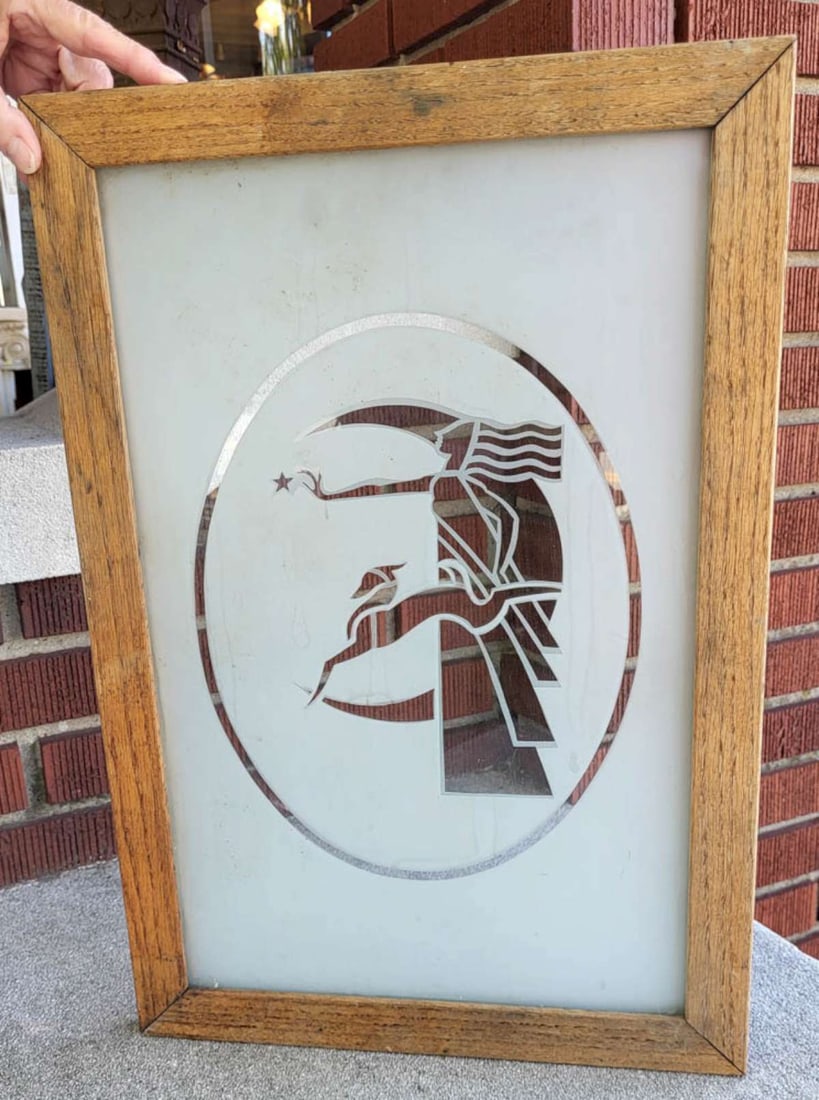 unusual Art Deco etched glass window panel: late Art Deco or early MCM or Mid Century Modern oak wooden framed frosted and clear glass pane with abstract figure and Gazelle or Greyhound or Borzoi dog design with moon in the background