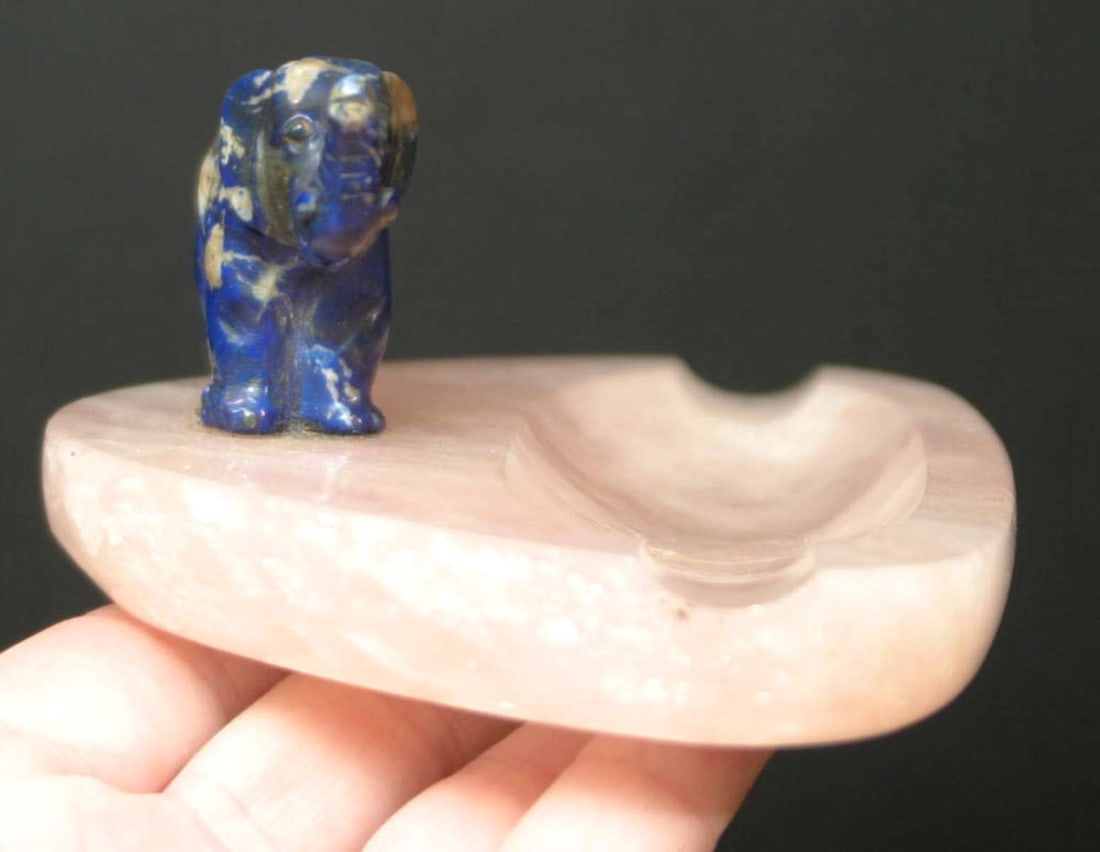 Art Deco period elephant statue: vintage or antique rose or pink Quartz ashtray dish and blue Lapis Lazuli carved stone animal sculpture, cool tobacciana collectible