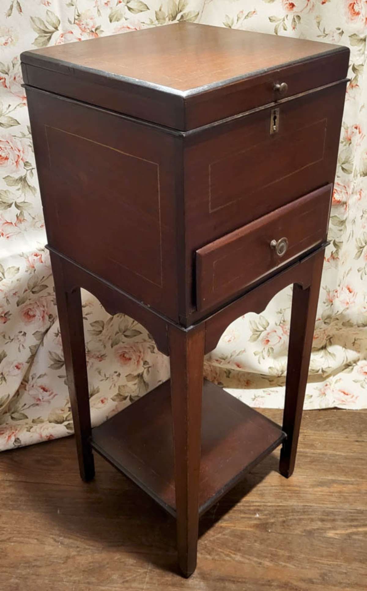 antique cabinet on stand: unusual small table or stand.....not sure if this was meant as a humidor (but not copper lined), flatware chest (not enough slats) or sugar or spice chest (?), top is NOT detachable and